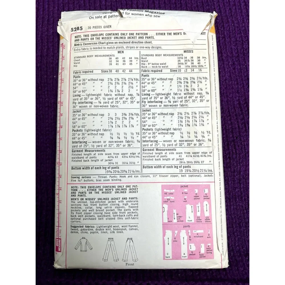 Simplicity 5285 Mens wide leg  pants size 40 waist 34in